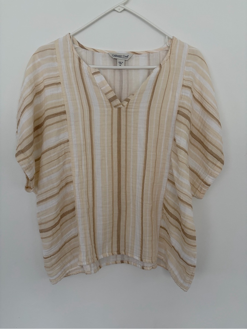 Coldwater Creek Beige & White Striped V-Neck Tunic